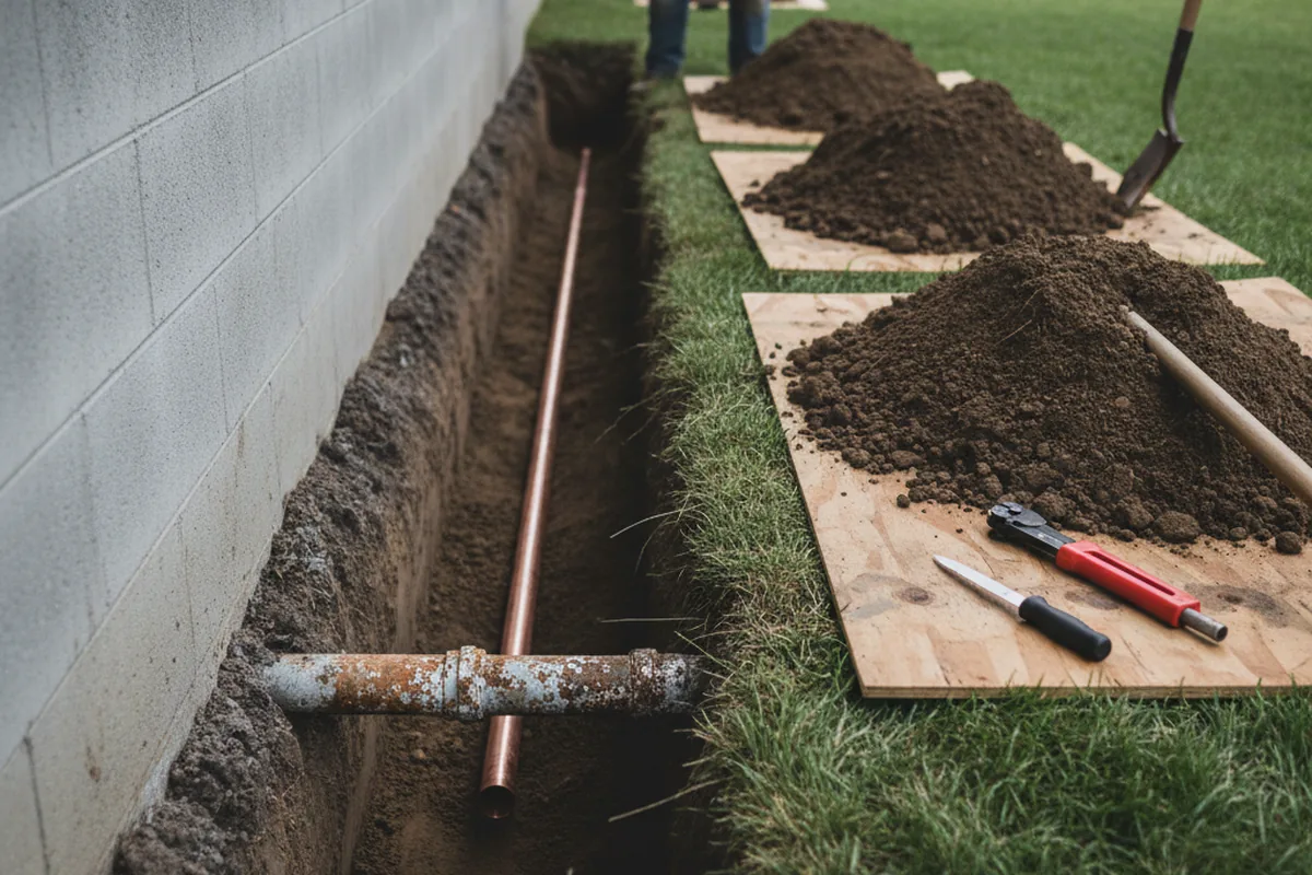 Excavated water line trench during Water Softener Installation in Belews Creek